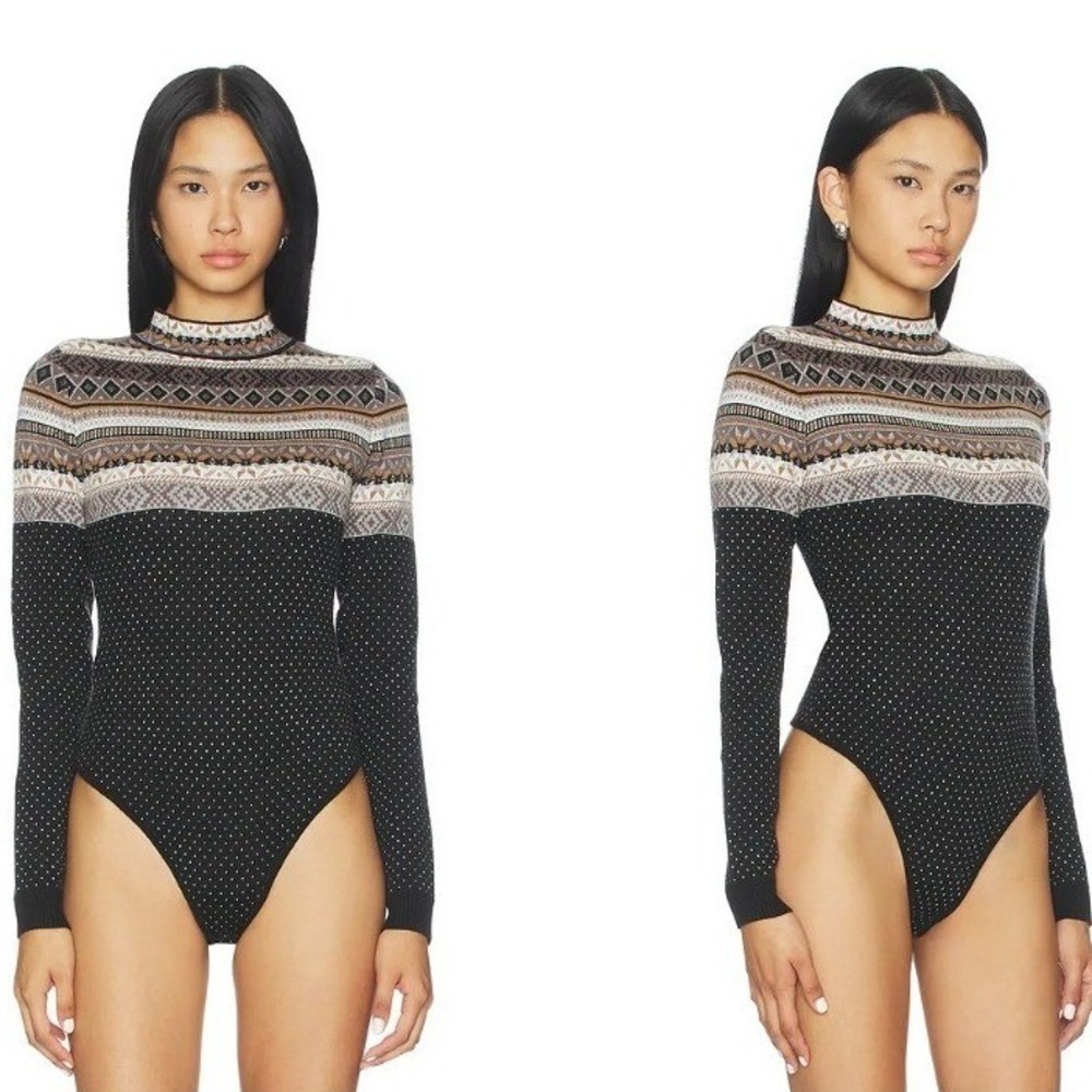 Intimately Free People Warmer Fair Isle ‎ Bodysuit Womens Small Black Mock Neck